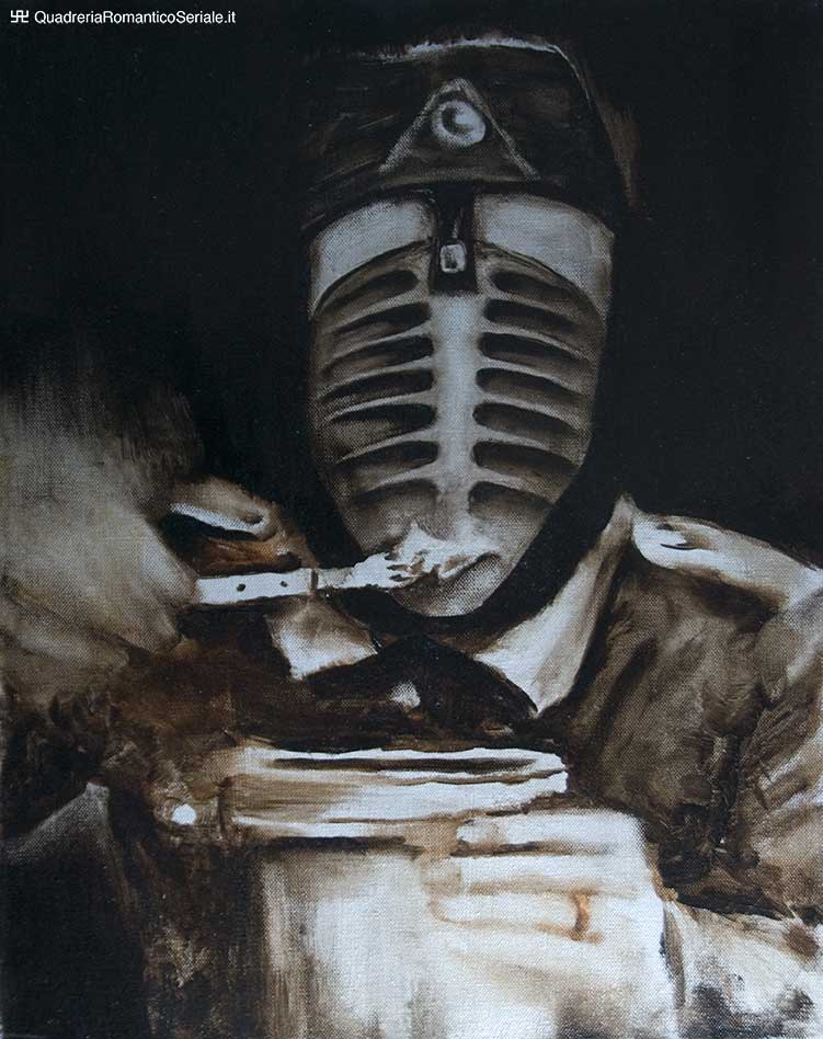 militare mascherato mangia da una gavetta