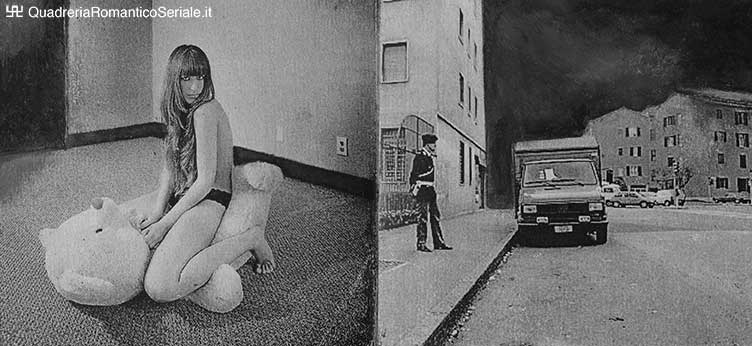ragazza con peluche grande e poliziotto su marciapiede